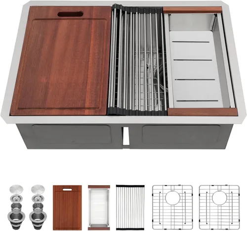 Vista 13 de Sarlai Fregadero de Cocina Dorado Bajo Encimera de 33 Pulgadas Doble Tazón 33 x 19 Pulgadas Bajo Dividido Dorado Estación de Trabajo Fregadero Doble