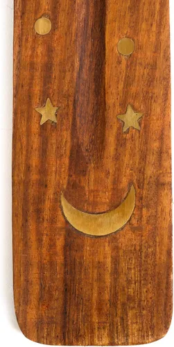 Vista 6 de Soporte de incienso de madera para palos con incrustaciones de luna creciente de latón de 10 pulgadas de largo