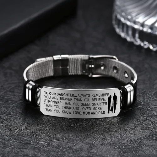Vista 6 de Pulsera inspiradora con texto en inglés "To My Daughter", pulsera ajustable grabada para regalar a hija de papá y mamá