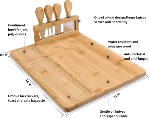 Vista 4 de TWGDH - Juego de tablas de queso de bambú que incluye 4 cubiertos de acero inoxidable, tabla de charcutería y bandeja para servir