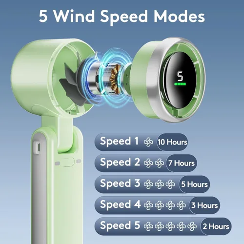 Vista 4 de Mini ventilador portátil de mano, potente ventilador turbo plegable, batería de 10000 mAh y velocidad de 50000 RPM, ventiladores personales Verde