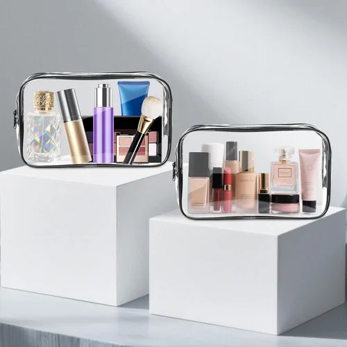 Vista 5 de Bolsa de maquillaje transparente AURUZA, bolsas de aseo portátiles para viajes con cremallera, bolsas organizadoras transparentes aprobadas por