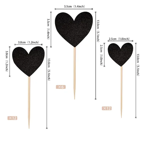 Vista 2 de 30 piezas de decoración para cupcakes con diseño de corazón con purpurina para cupcakes, despedida de soltera, boda, compromiso, decoración de Negro