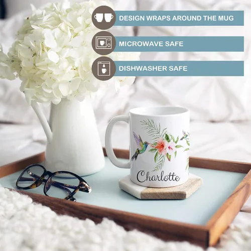 Vista 2 de Taza de café de cerámica personalizada con nombre de colibrí, 11 o 15 onzas