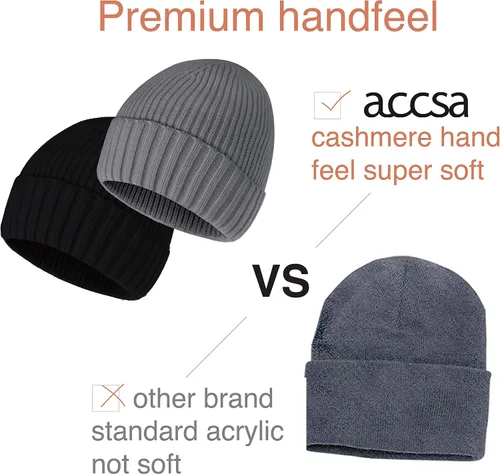 Vista 3 de accsa 2 Pack Men Winter Knit Beanie Hats Soft Warm Stretchy Skull Cap Unisex Cuffed Plain Hat for Men