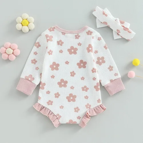 Vista 7 de Ropa de bebé recién nacida, sudadera floral de manga larga, mameluco con volantes, diadema de gofre, traje de otoño de una pieza