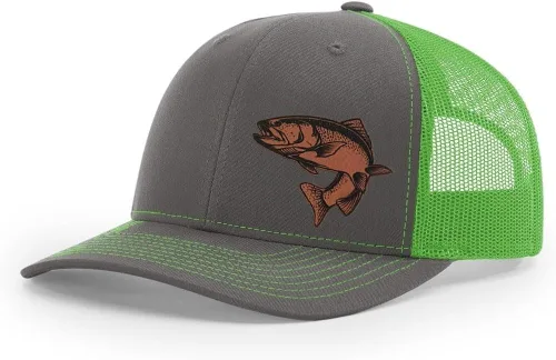 Vista 59 de Sombrero de pesca de trucha con parche de cuero grabado láser Richardson 112 Snapback Trucker Cap