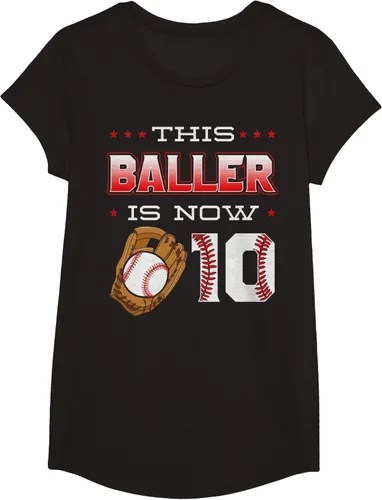 Vista 4 de This Baller Is Now 10 - Camiseta de béisbol para fiesta temática de cumpleaños número 10, Negro