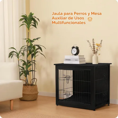 Vista 7 de DWANTON - Perrera con cojín, de madera, con puertas dobles, para interiores, S, M, L, 27.2 pulgadas de largo, negro Small Wooden Kennel Table