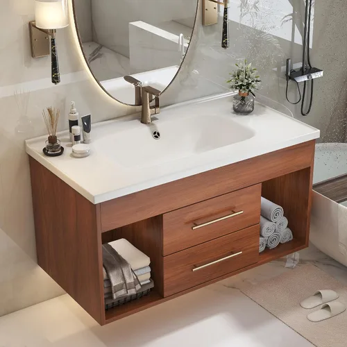 Vista 17 de SSLine Juego de tocador de baño montado en la pared con lavabo moderno de 30 pulgadas con lavabo superior y estante de almacenamiento, armario