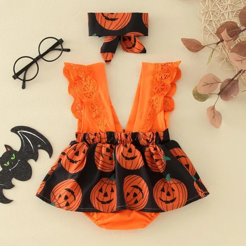 Vista 4 de Halloween Day Baby Girls Boys Cute Romper Dress 2pcs Lace Sleeveless V Neck Pumpkin Baby Dresses