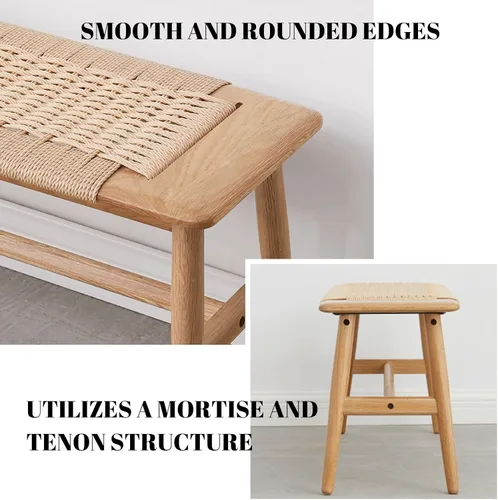 Vista 4 de Banco 100% de madera de roble macizo, diseño tejido a mano, construcción sólida de mortaja y espiga, estructura sólida de patas de silla, bancos