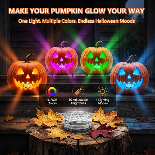 Vista 10 de Luces LED de calabaza con control remoto, 16 colores, 4 modos, funciona con pilas, luces sumergibles que cambian de color, para Halloween, calabaza