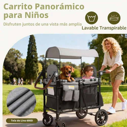 Vista 3 de Kinder King Cochecito Wagon para 2 niños, rueda absorbente de golpes, negro Negro&gris