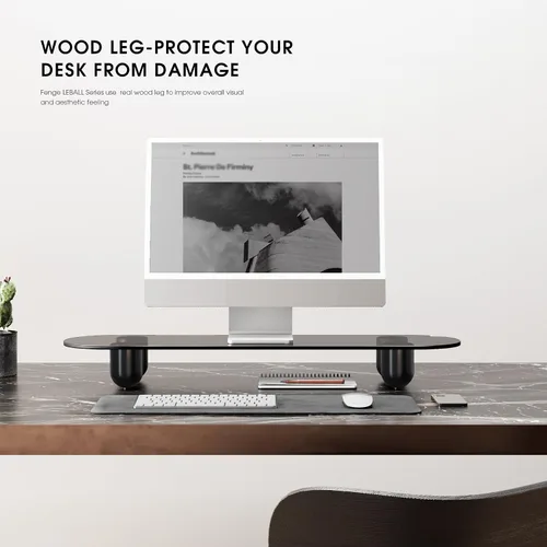 Vista 7 de Fenge Elevador de monitor, soporte de monitor doble de 34 pulgadas para monitores grandes, organizador de escritorio con estante de vidrio y patas