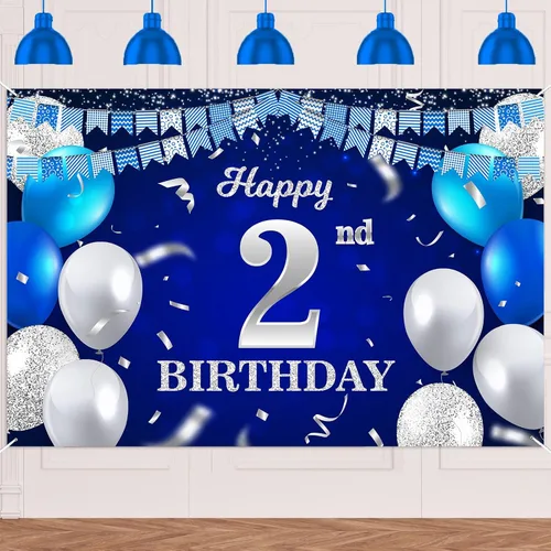 Vista 44 de Bandera de feliz primer cumpleaños con fondo azul marino, globos, confeti, bandera de rayas, luces de puntos, felicitaciones por el tema de 1 año