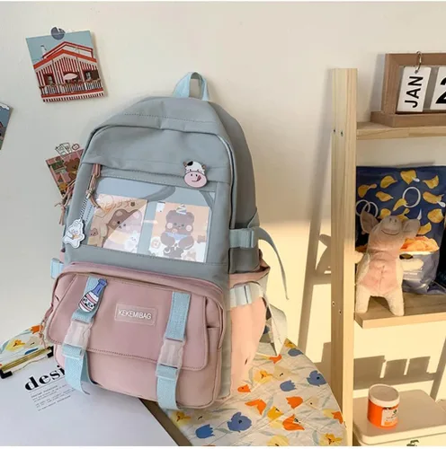 Vista 2 de Mochila Kawaii con bonitos alfileres y colgante de felpa para adolescentes niñas escuela gran capacidad impermeable mochila escolar Rosa-1