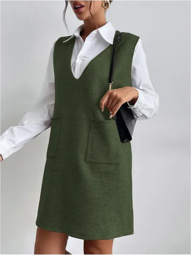Vista 6 de OYOANGLE Vestido corto de punto con cuello en V sin mangas para mujer, liso, con bolsillos Verde militar