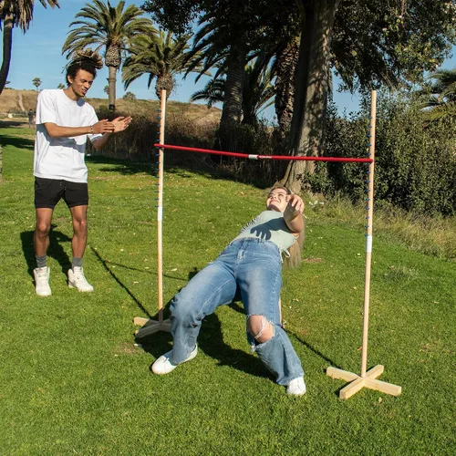 Vista 8 de WonkaWoo Juego de limbo de madera para adultos y niños, instalación simple para juego de fiesta Luau al aire libre, juego de limbo de madera