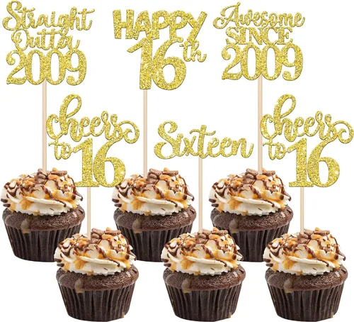 Vista 9 de Paquete de 30 adornos para cupcakes de 10º cumpleaños con purpurina recta hacia fuera de 2016, Happy 10th Ten Awesome Since 2016, 10 fabulosas Negro
