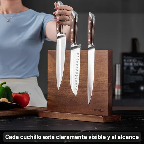 Vista 4 de Soporte magnético para cuchillos - KUCHEASY Bloque magnético doble cara sin cuchillos - Soporte universal de cuchillos de madera con imanes