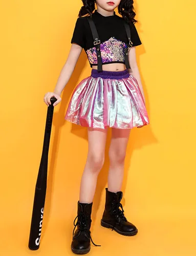 Vista 5 de Happy Cherry Ropa de baile Hip Hop para niñas, chaqueta de lentejuelas, vestido de jersey, conjunto de animadoras, disfraz de jazz callejero