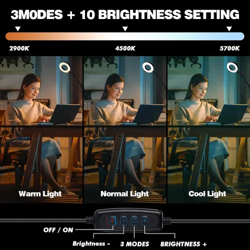Vista 4 de Lupa de Escritorio con Luz 10x, Lupa con 3 Colores de Luz, 10 Niveles de Brillo Ajustable, Cuello de Cisne Flexible, Lámpara de Aumento