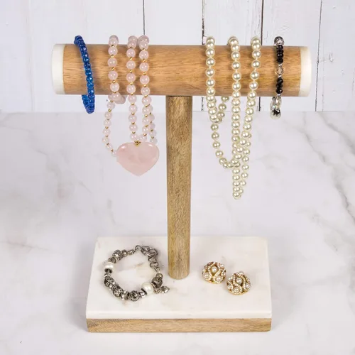 Vista 6 de Creative Home 74863Natural Mármol Blanco & Mango Madera Collar, Bangle Bar, Display Stand