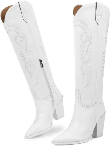 Vista 3 de ISNOM Botas vaqueras para mujer, botas altas hasta la rodilla, botas vaqueras bordadas con tacón grueso de bloque y puntera puntiaguda