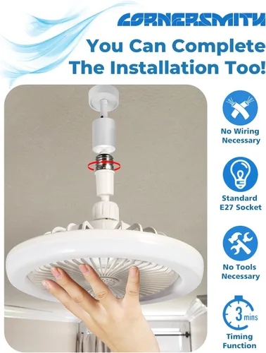 Vista 2 de CornerSmith Ventilador de techo cerrado con luz, ventiladores pequeños de enchufe sin aspas de 10 pulgadas con control remoto, luces LED regulables