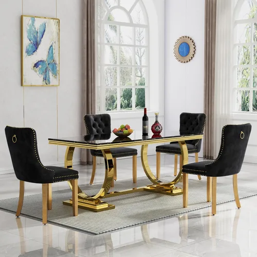 Vista 47 de HomVent Juego de mesa de comedor moderna de mármol sintético para 4 personas, mesa de cocina rectangular con 4 sillas beige (dorado)