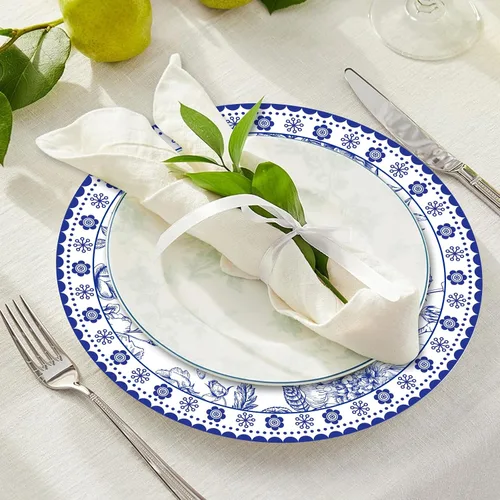 Vista 3 de 50 piezas manteles individuales de papel floral azul de 14 pulgadas, manteles individuales redondos chinoiserie con flores, manteles decorativos