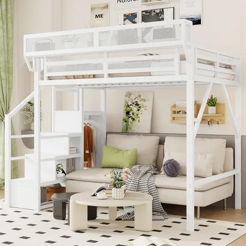 Vista 17 de Mirightone Cama elevada de tamaño completo con escaleras, camas elevadas de metal, estructura de cama elevada con estantes de almacenamiento, cama