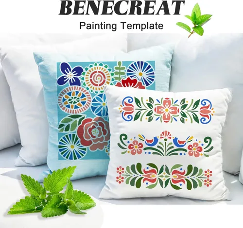 Vista 8 de BENECREAT Plantillas de plantillas de pintura decorativa folklórica de plástico, 12 x 12 pulgadas, patrón floral, estilo escandinavo, plantillas