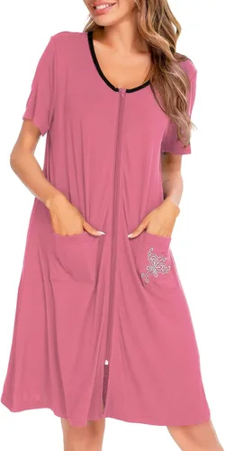 Vista 2 de SWOMOG Bata ligera con cremallera frontal para mujer, bata de baño ligera de manga corta con bolsillos