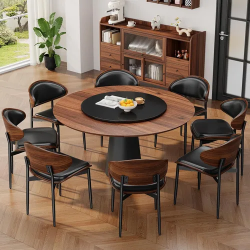 Vista 25 de Juego de 2 sillas de comedor, modernas sillas tapizadas de piel sintética de mediados de siglo con respaldo de nogal y patas de metal, pies