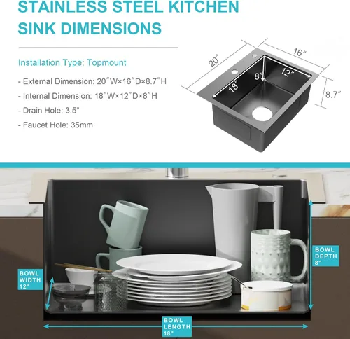 Vista 7 de Fregadero de cocina empotrable de 20" x 16" de acero inoxidable 304 de un solo compartimento montaje superior para bar con kit de drenaje y rejilla