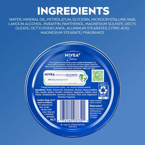 Vista 12 de NIVEA Crema hidratante para el cuerpo, la cara y las manos, fórmula alemana, rica crema hidratante corporal con provitamina B5, lata de 8.4 onzas