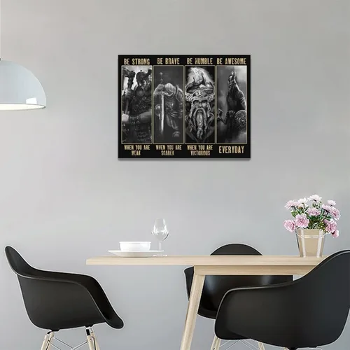 Vista 2 de Arte de pared de guerrero vikingo, cuadro de samurái vikingo, decoración de pared, citas inspiradoras "Sé fuerte", impresiones de pintura en lienzo