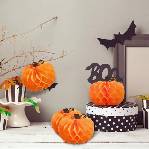Vista 5 de JOVITEC Paquete de 6 calabazas de panal de abeja para decoración de mesa de Acción de Gracias, 10.2 pulgadas, decoración de calabaza colgante