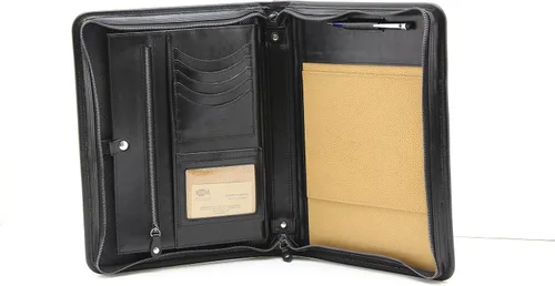 Vista 3 de Noda Portafolio de cuero ejecutivo (negro) Cartera profesional de negocios con cierre de cremallera currículum, documento, bloc de notas, tableta