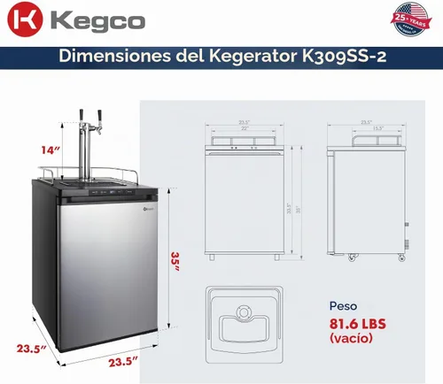 Vista 2 de Kegco K309SS-2 Kegerator digital de acero inoxidable de doble grifo de 61 cm de ancho