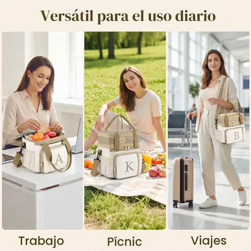 Vista 7 de LOKASS Lonchera personalizada con inicial para mujer, lonchera térmica de doble cubierta con correa, lonchera grande a prueba de fugas de 16 litros