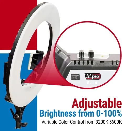Vista 7 de Vidpro RL-18 Kit de luces LED de 18 pulgadas con soporte y funda, 55 W, regulable, 3200-5600 K, juego de anillos de control de color variable
