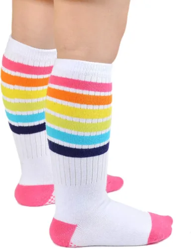 Vista 7 de EPEIUS Calcetines altos a la rodilla con rayas arco iris para bebé, medias de tubo antideslizantes, calcetines de fútbol para niños pequeños y niños