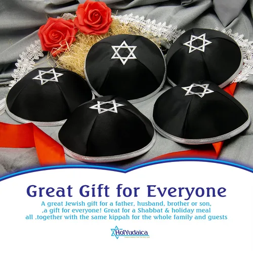 Vista 3 de Paquete de 10 piezas Hq 7.9 in Satin Kipá con cuerda de plataoro+Estrella de David para hombres y niños, sombrero Yamaka de Israel, Negro-Plata