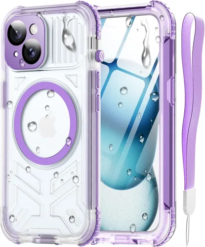 Vista 15 de Funda impermeable para iPhone 15 con Magsafe, protector de pantalla, cordón, IP68 militar de cuerpo completo a prueba de golpes, para deportes Negro