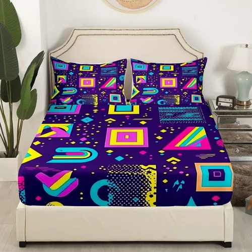 Vista 3 de Juego de sábanas bajeras de estilo retro de los años 80, diseño geométrico abstracto, diseño urbano moderno con círculos y triángulos, colorido arte
