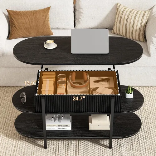 Vista 7 de FABATO - Mesa de centro oval de 41.7" con parte superior elevable, mesa central de madera estriada con almacenamiento oculto, mesas pequeñas de 3
