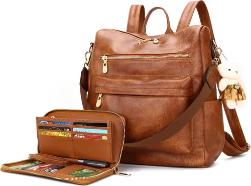 Vista 13 de Soperwillton Bolso de mochila para mujer. Bolsos de mano con diseño multiusos. Bolsa de hombro de cuero sintético. Bolsa de viaje. Juego de 2